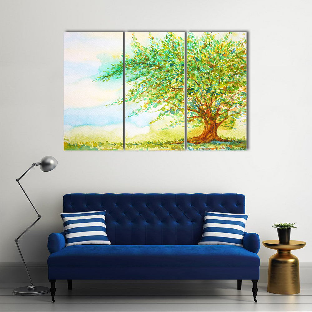 Big Tree In Grass Field Canvas Wall Art