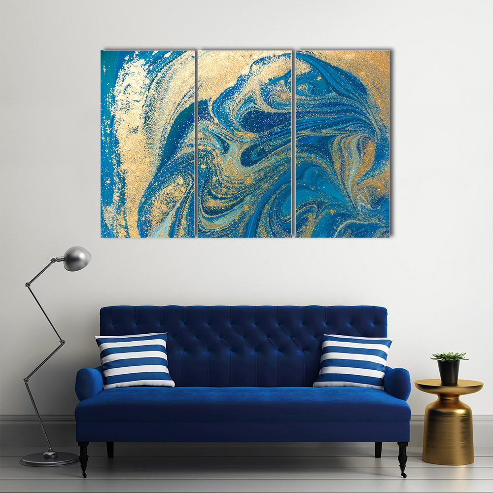 Hand Drawn Blue and Gold Marbling Canvas Wall Art