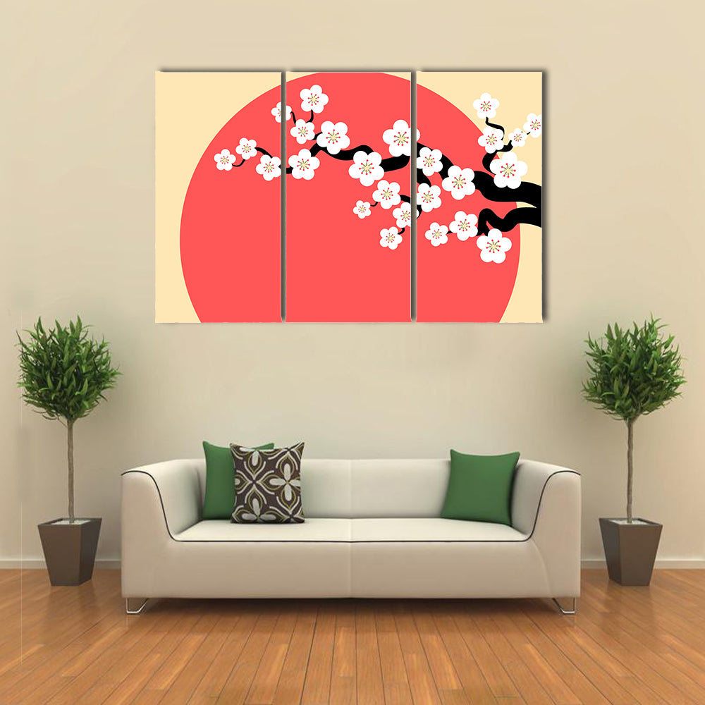 Minimalist Cherry Blossom with Red Sun Canvas Wall Art