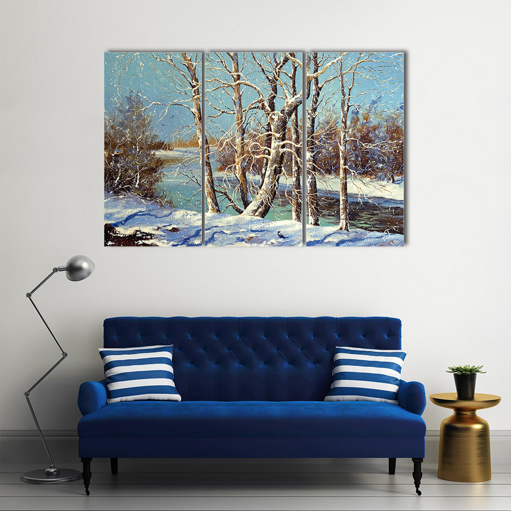 Winter River with Snowy Bank Canvas Wall Art