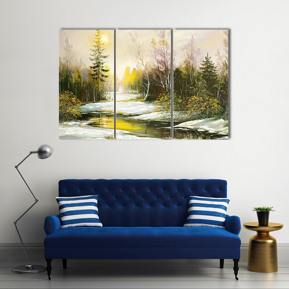 Winter Riverbank with Golden Light Canvas Wall Art