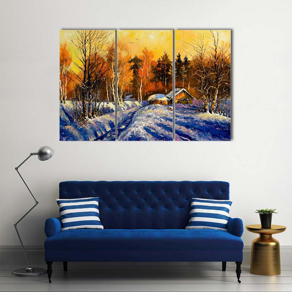 Evening In Winter Village Canvas Wall Art