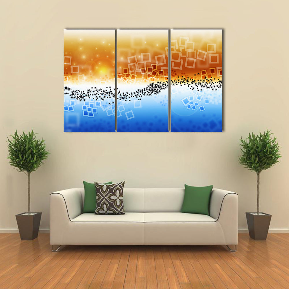 Data Transfer Abstract Landscape Canvas Wall Art in white, orange and blue, framed canvas, product view on a white background