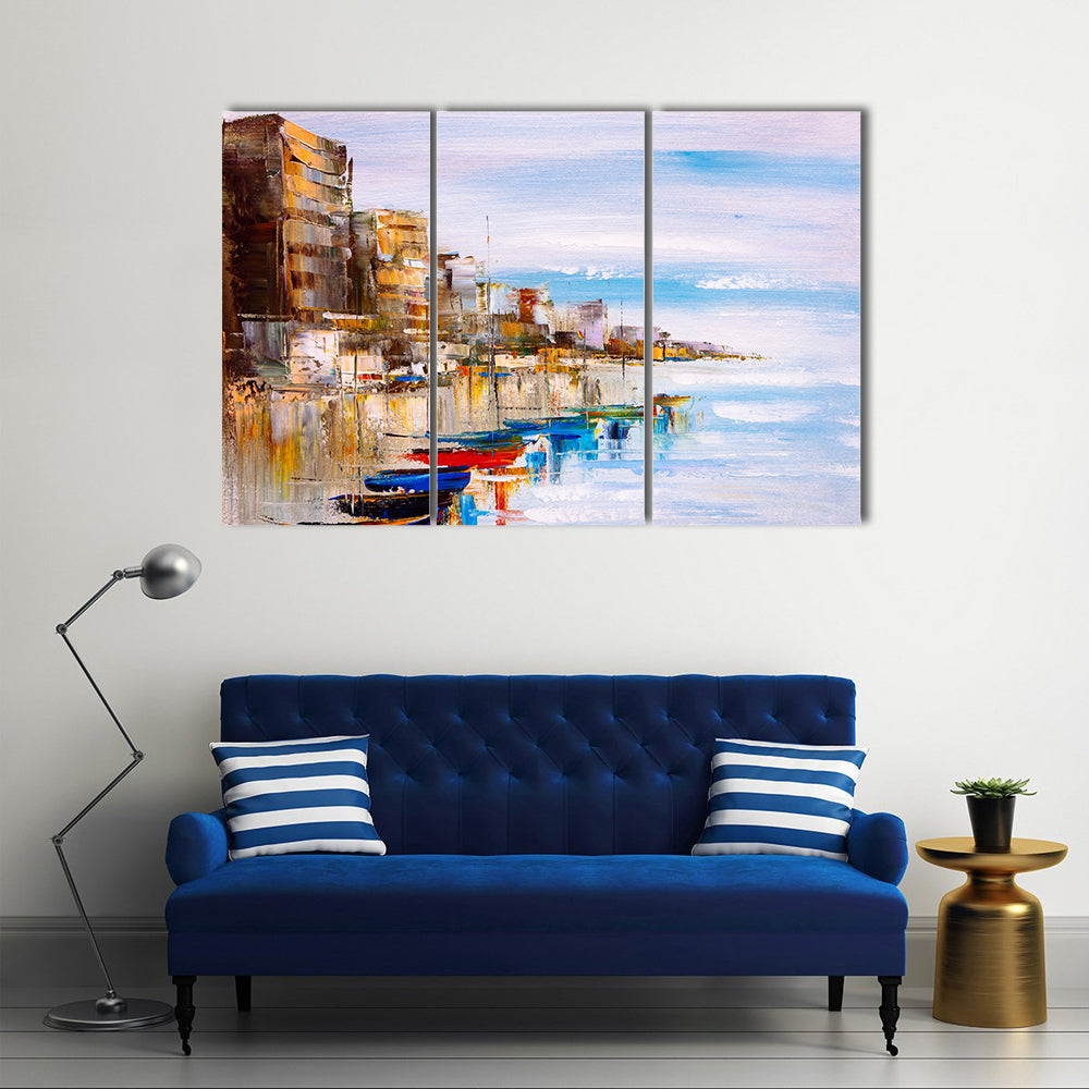 Abstract Harbor with Fishing Boats Canvas Wall Art