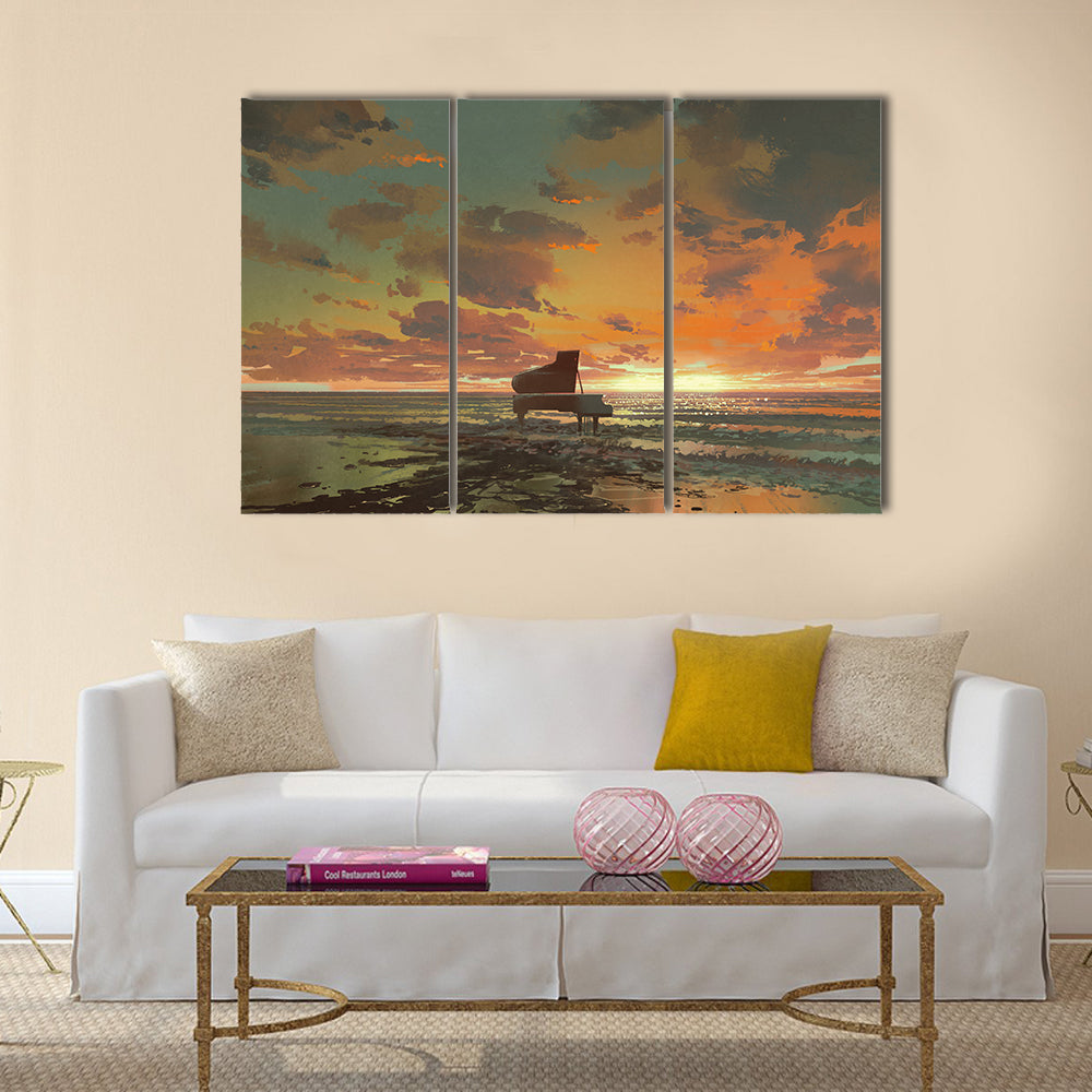 Surreal Piano On Beach Sunset Canvas Wall Art