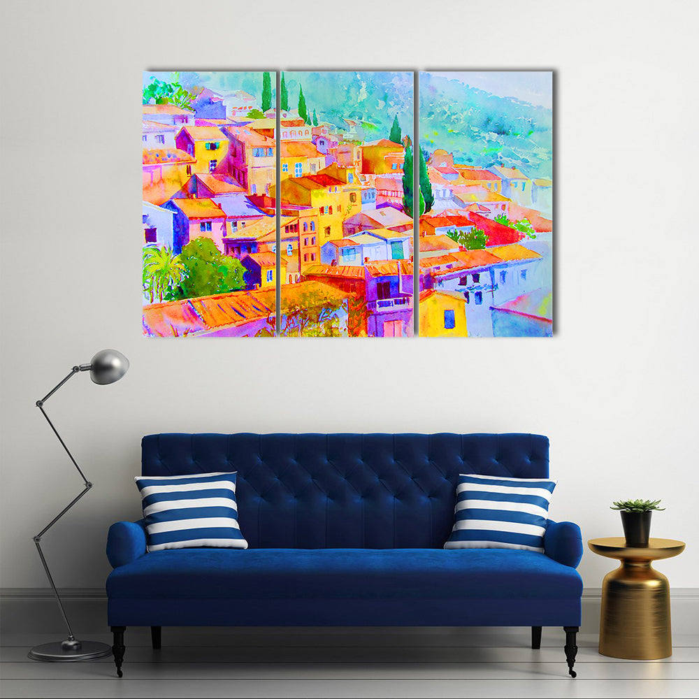 Village View On Hill Mountain Canvas Wall Art