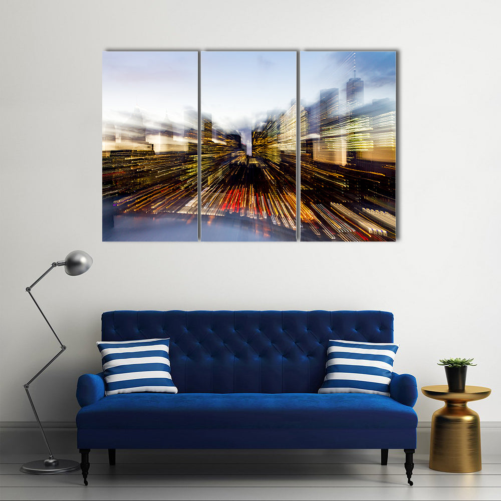 New York City Downtown Building Lights At Dusk In Manhattan Canvas Wall Art