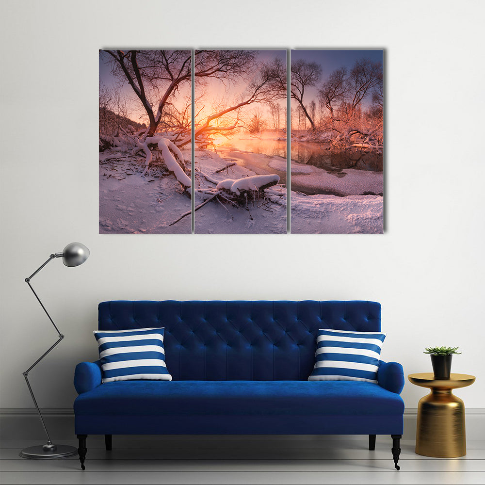 Frozen River At Sunset Canvas Wall Art