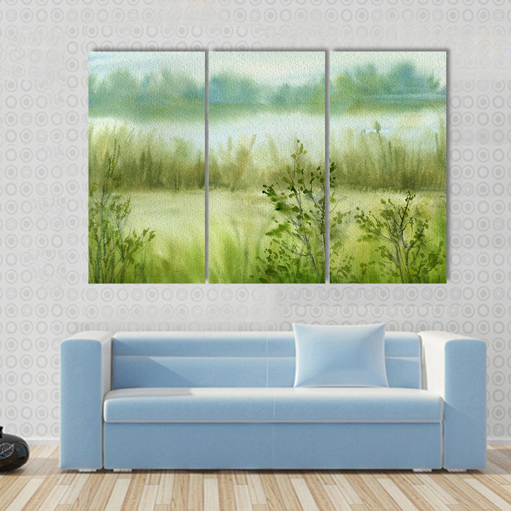 Fog At River With Grass Canvas Wall Art