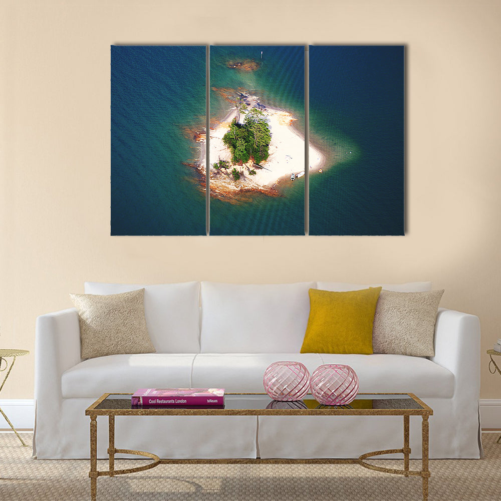 Island on Lake Lanier, Georgia Canvas Wall Art in beige, green and blue, 3 panel horizontal set hung on a wall