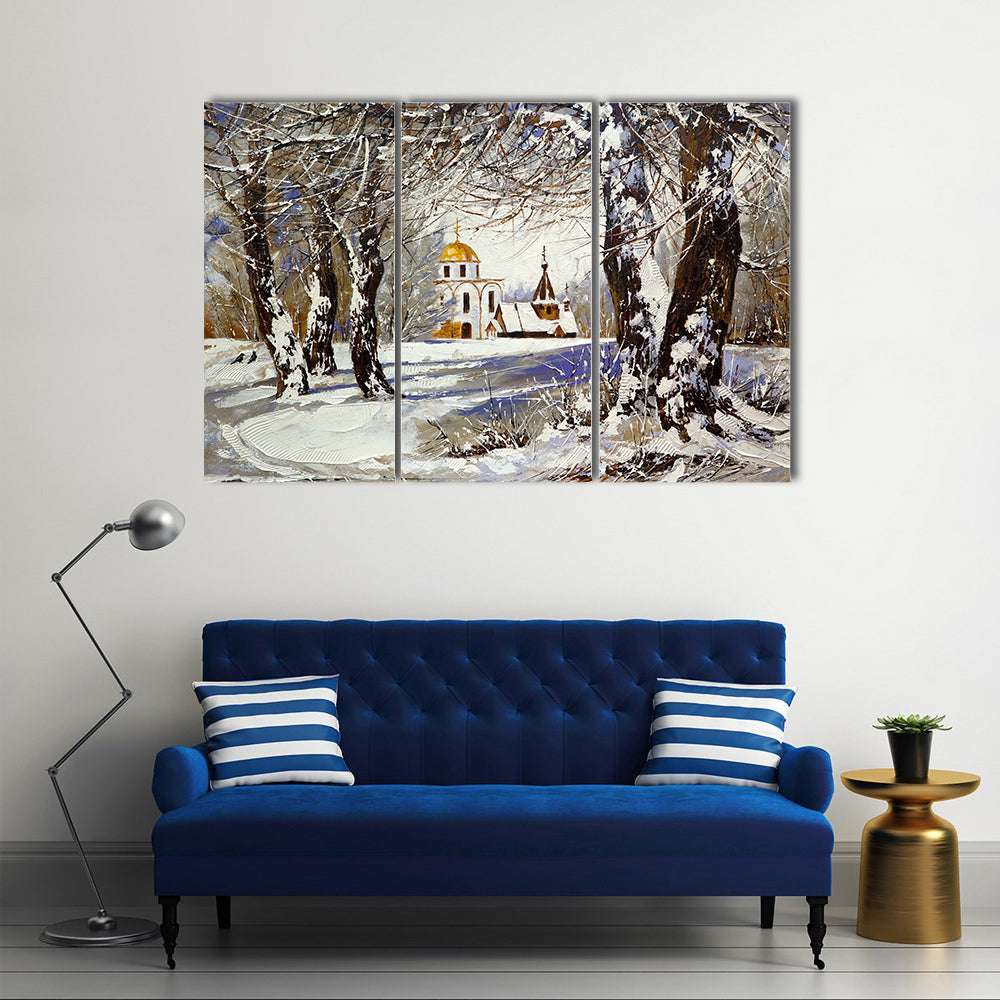 Church In Winter Wood Canvas Wall Art