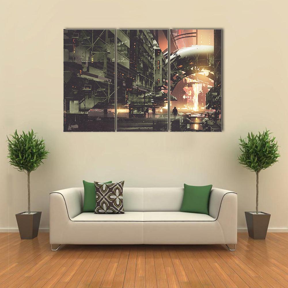 Cyberpunk City With Futuristic Buildings Canvas Wall Art