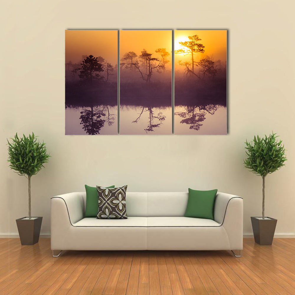 Sun Rising Above Misty Lake Canvas Wall Art