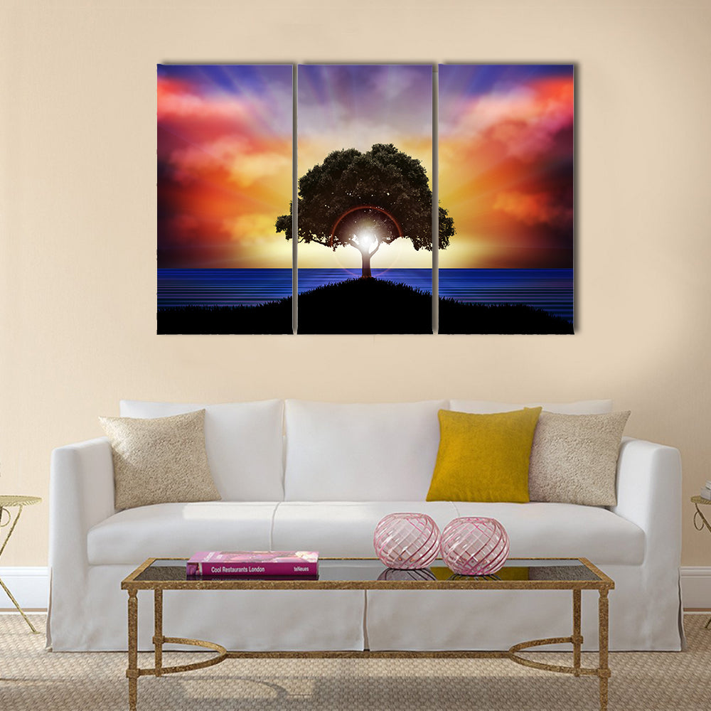 Lone Tree Silhouette at Sunset Canvas Wall Art