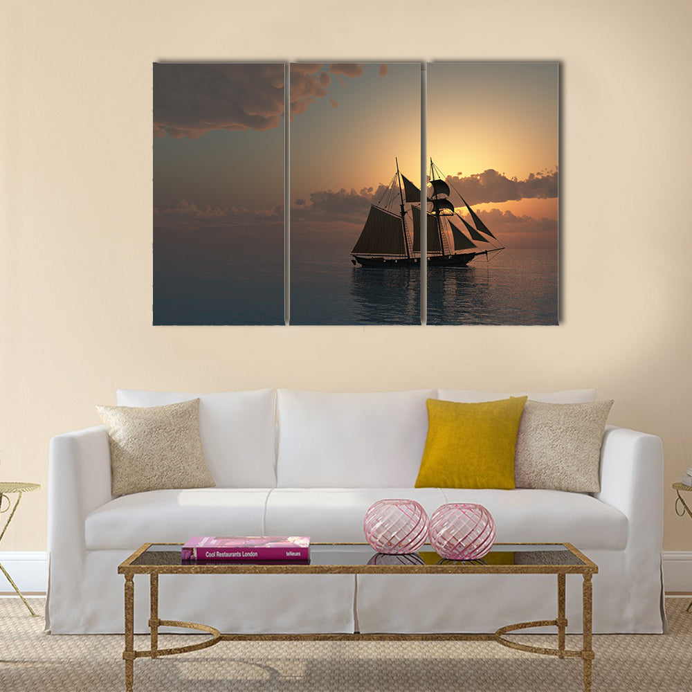 Sunset On Sea With Schooner Ship Wall Art