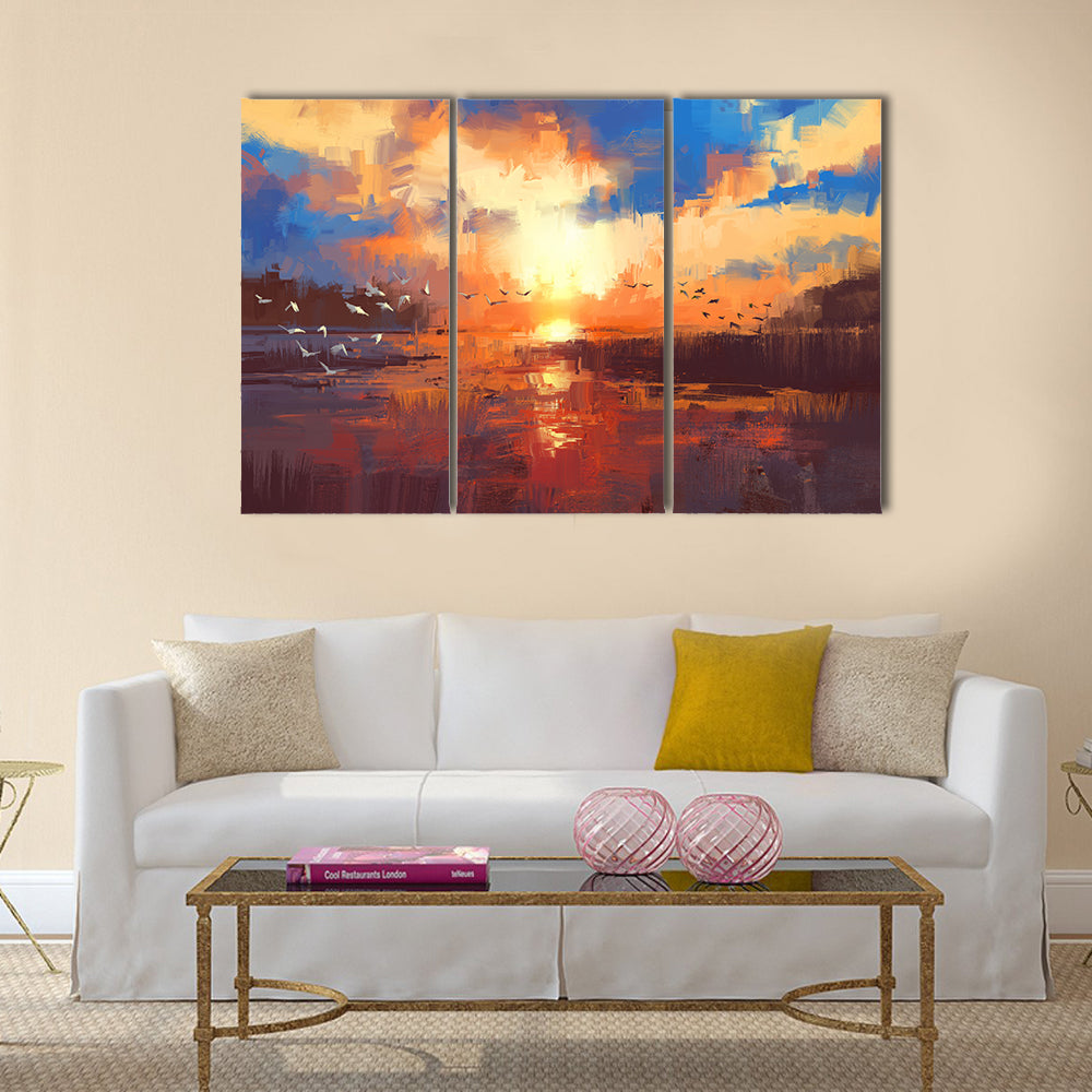 Golden Sunset Over Lake with Birds Canvas Wall Art