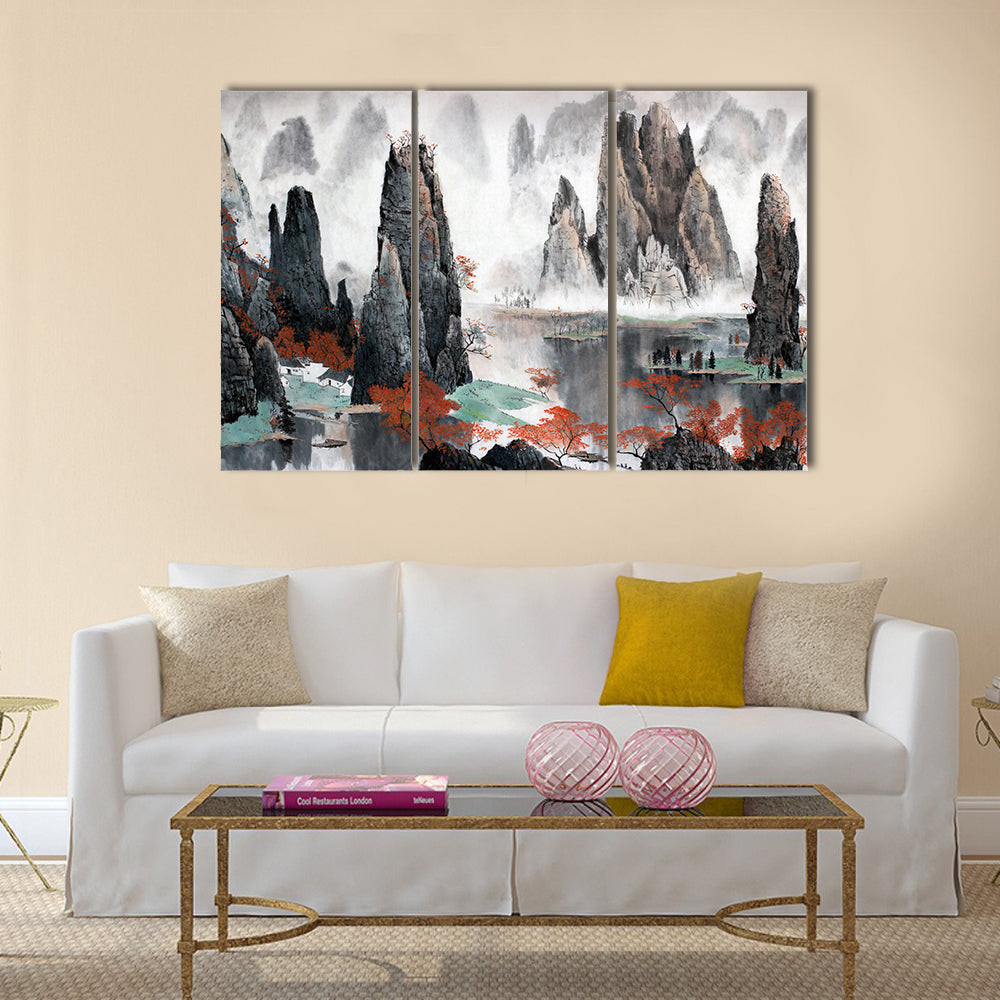Misty Chinese Mountains with Red Autumn Trees Canvas Wall Art