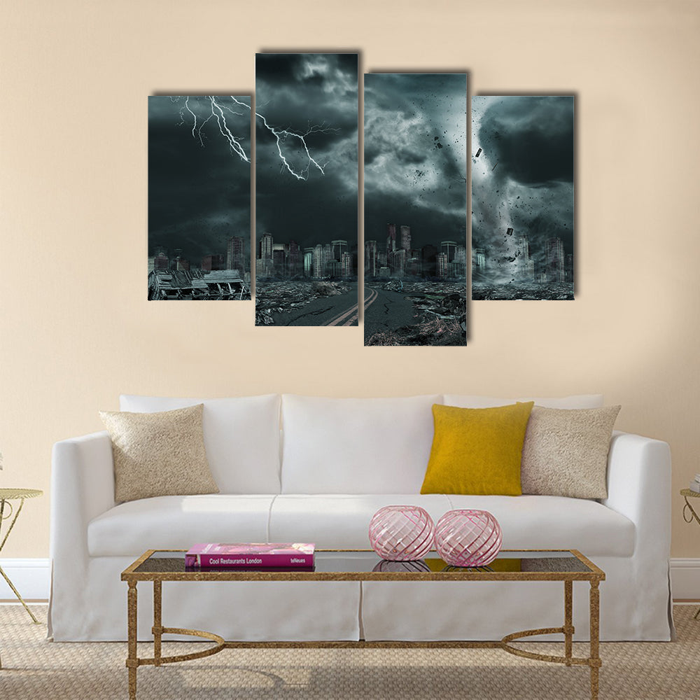 Tornado Over Ruined City Skyline Canvas Wall Art