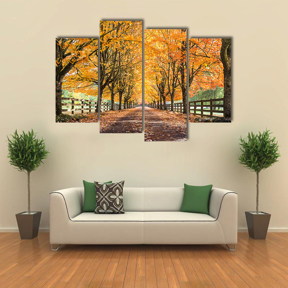 Autumn Tree Tunnel with Golden Leaves Canvas Wall Art