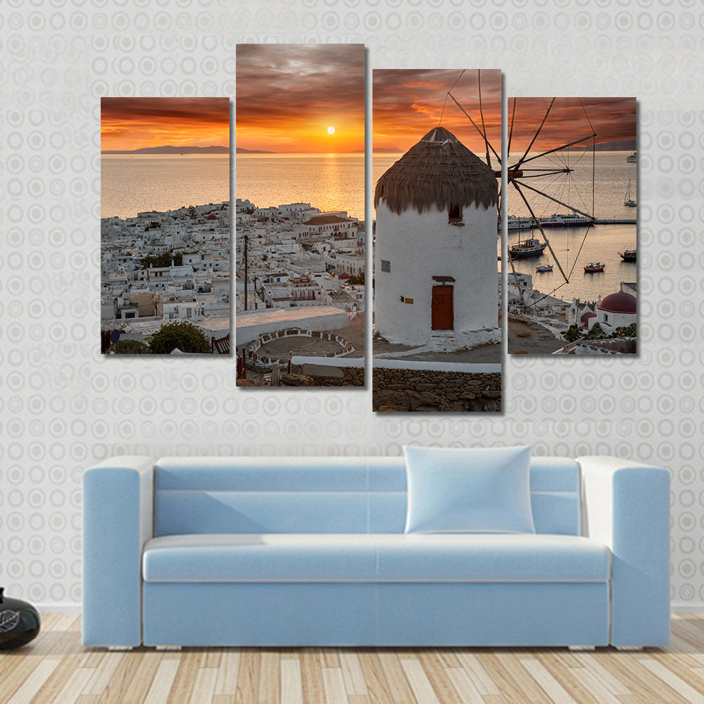 Mykonos Sunset with White Windmill Canvas Wall Art