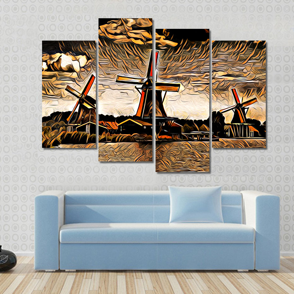 Three Vintage Windmills at Sunset Canvas Wall Art