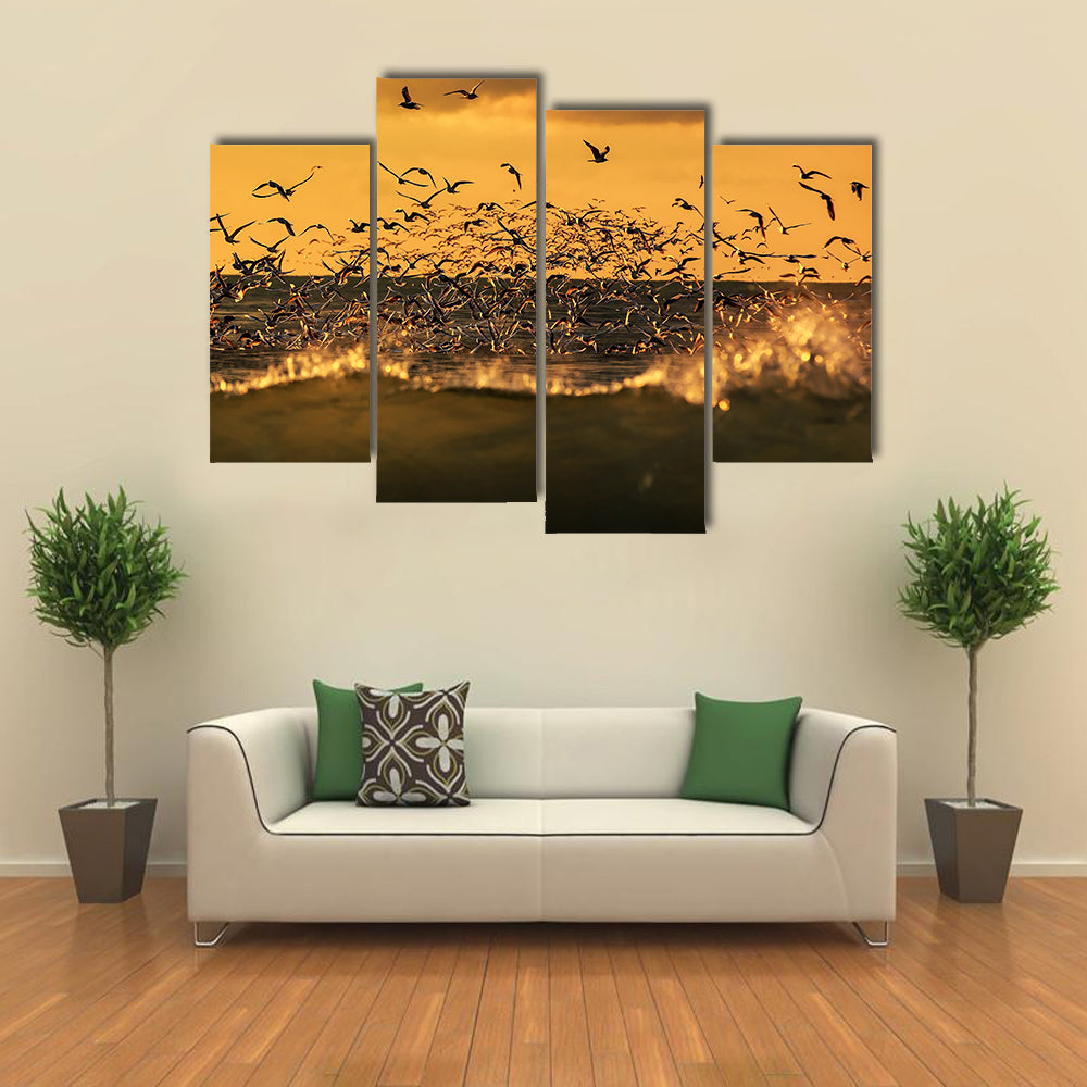 Seagulls Hovering Over Stormy Sea Canvas Wall Art