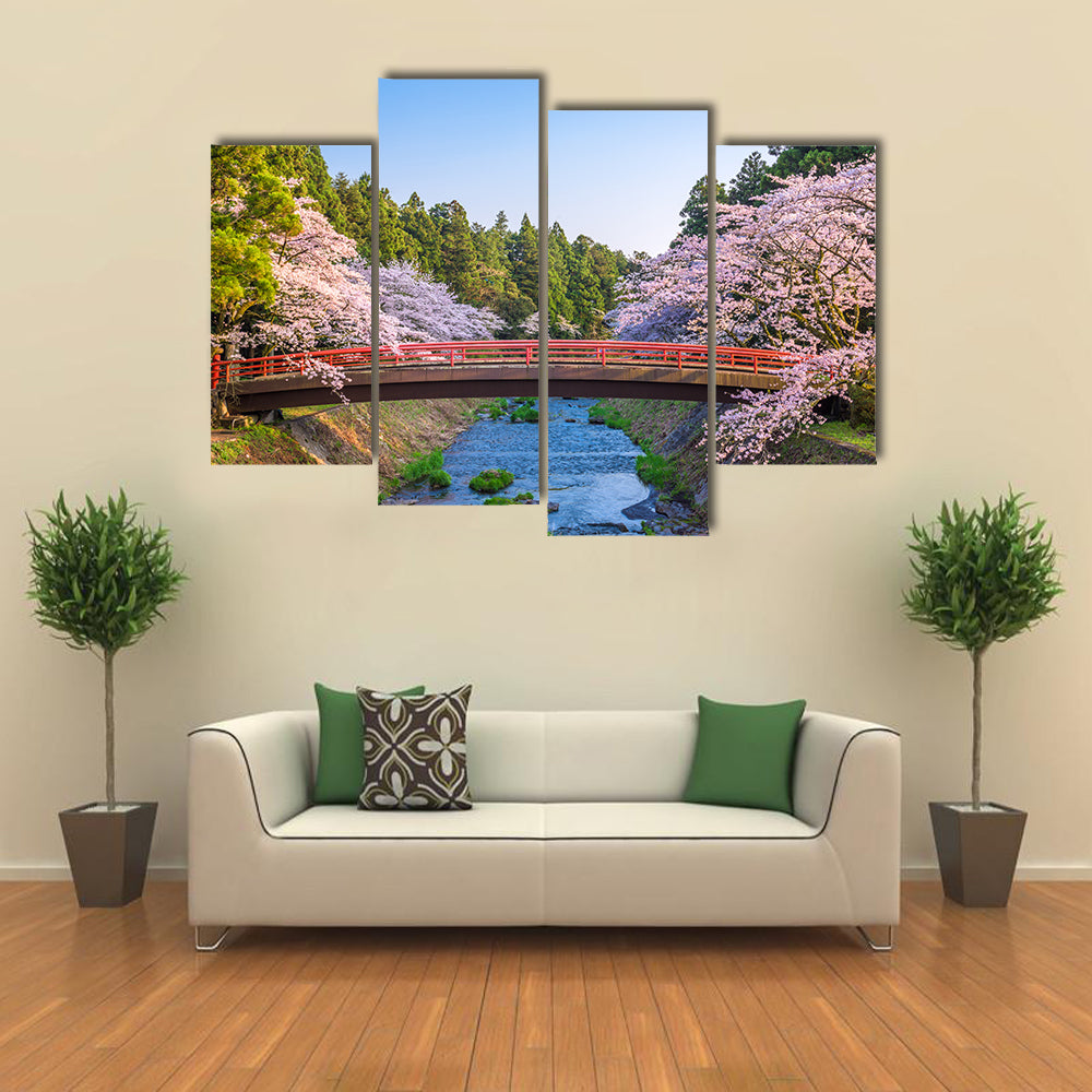 Cherry Blossoms Over Red Arched Bridge Canvas Wall Art