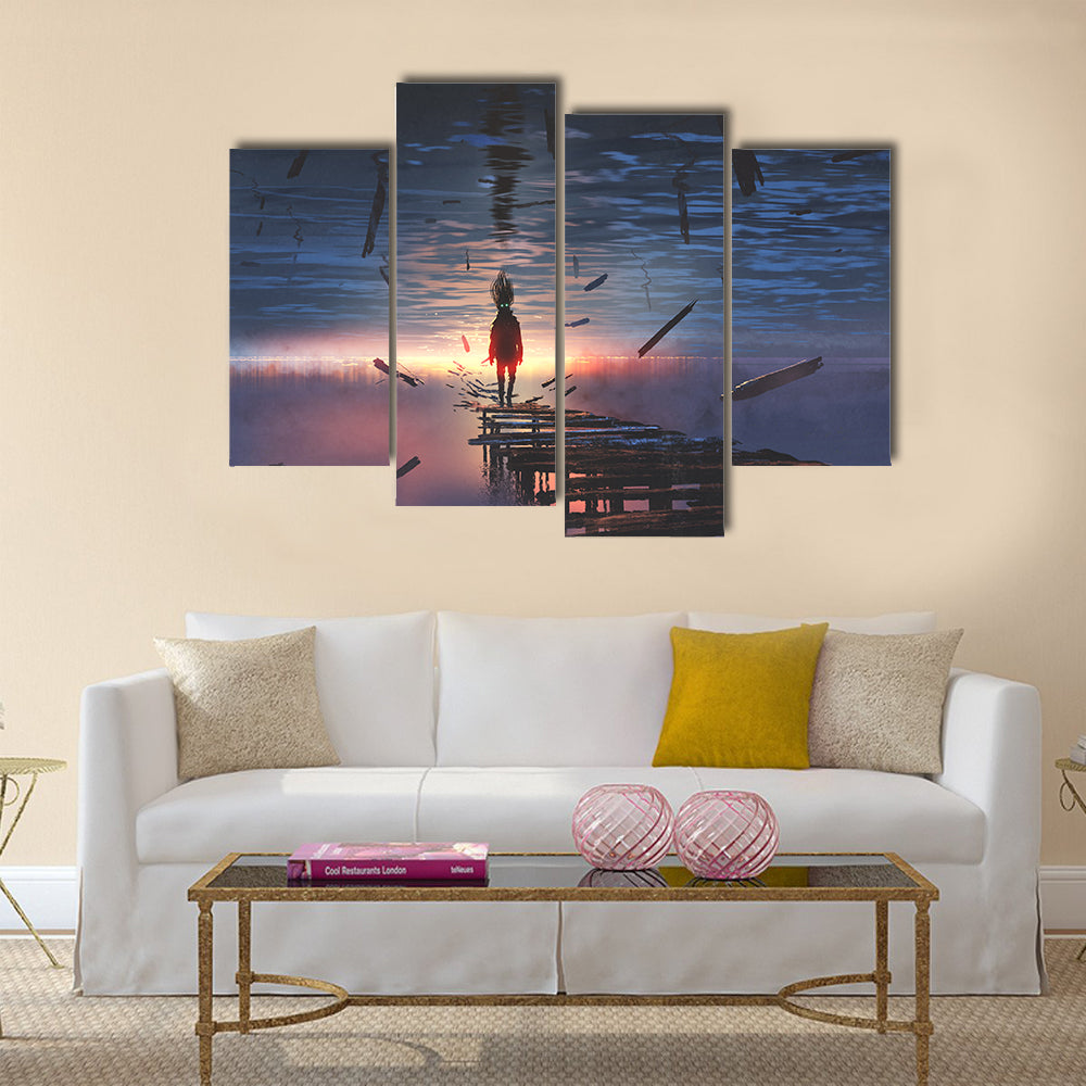 Hooded Figure on Broken Bridge Canvas Wall Art
