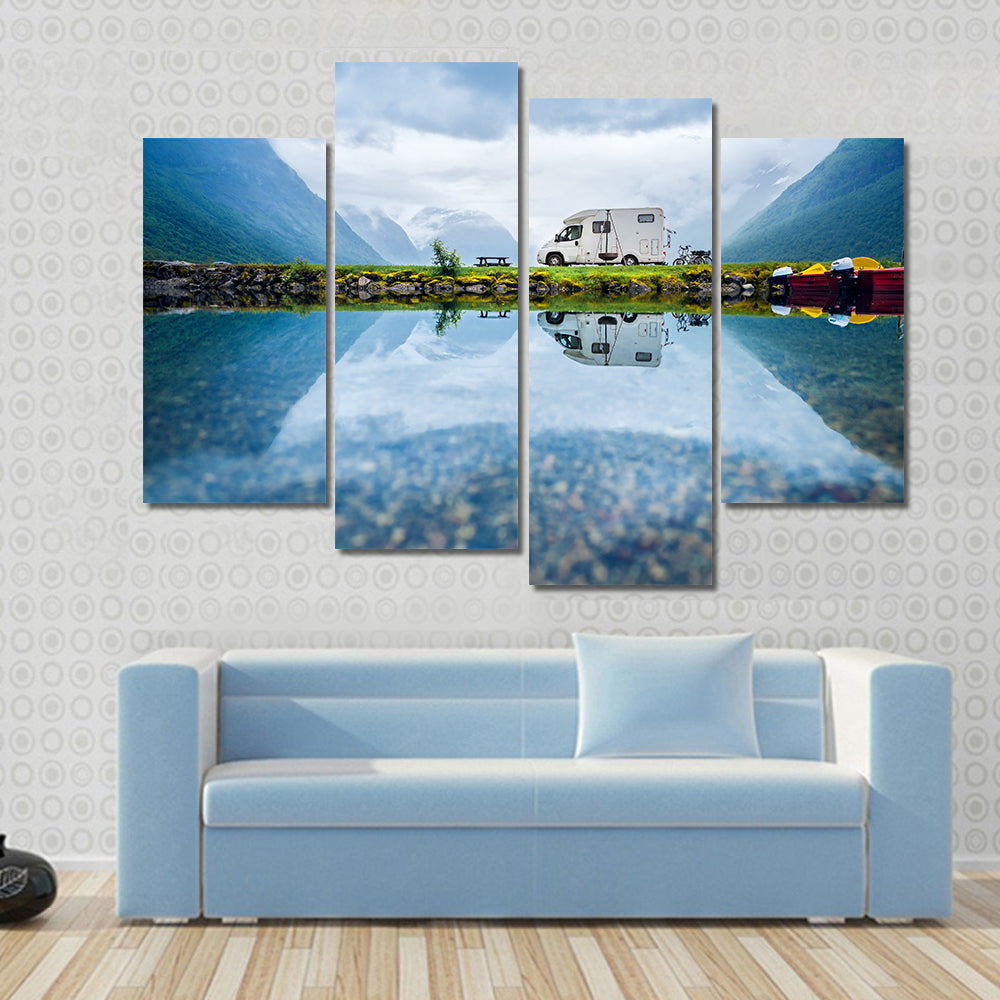 Motorhome by Mountain Lake, Norway Canvas Wall Art