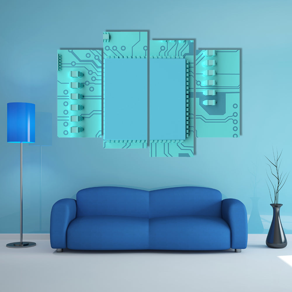 Circuit Board Concept Canvas Wall Art in blue, framed canvas, product view on a white background