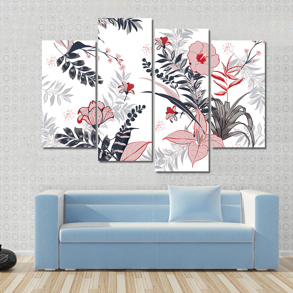 Hibiscus and Tropical Leaves Pattern Canvas Wall Art