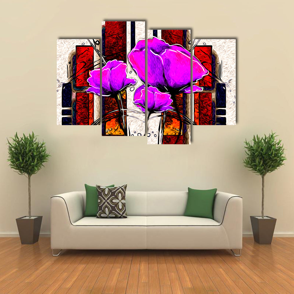 Oil Painted Purple Poppies with Geometric Background Canvas Wall Art
