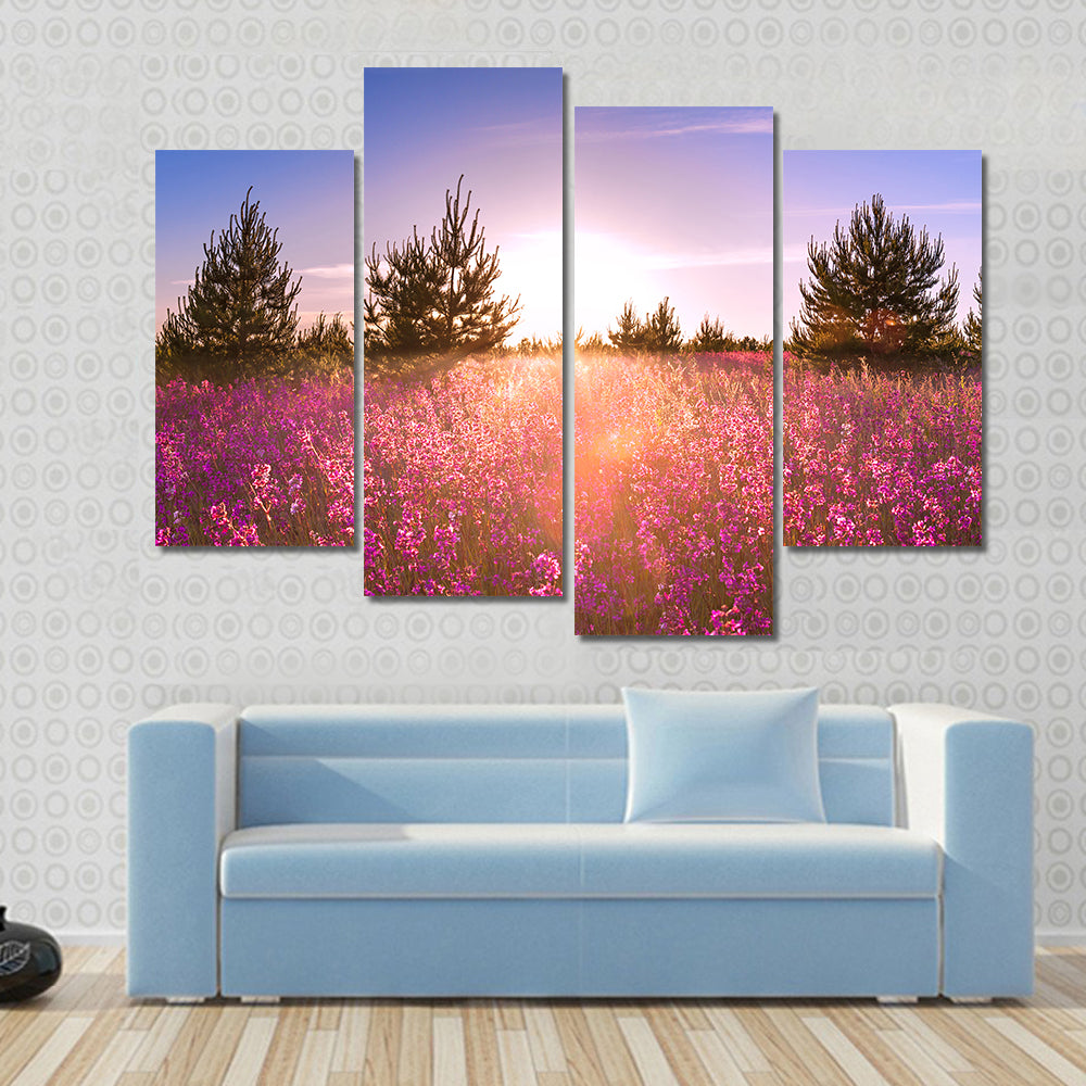 Blossoming Meadow at Sunrise Canvas Wall Art