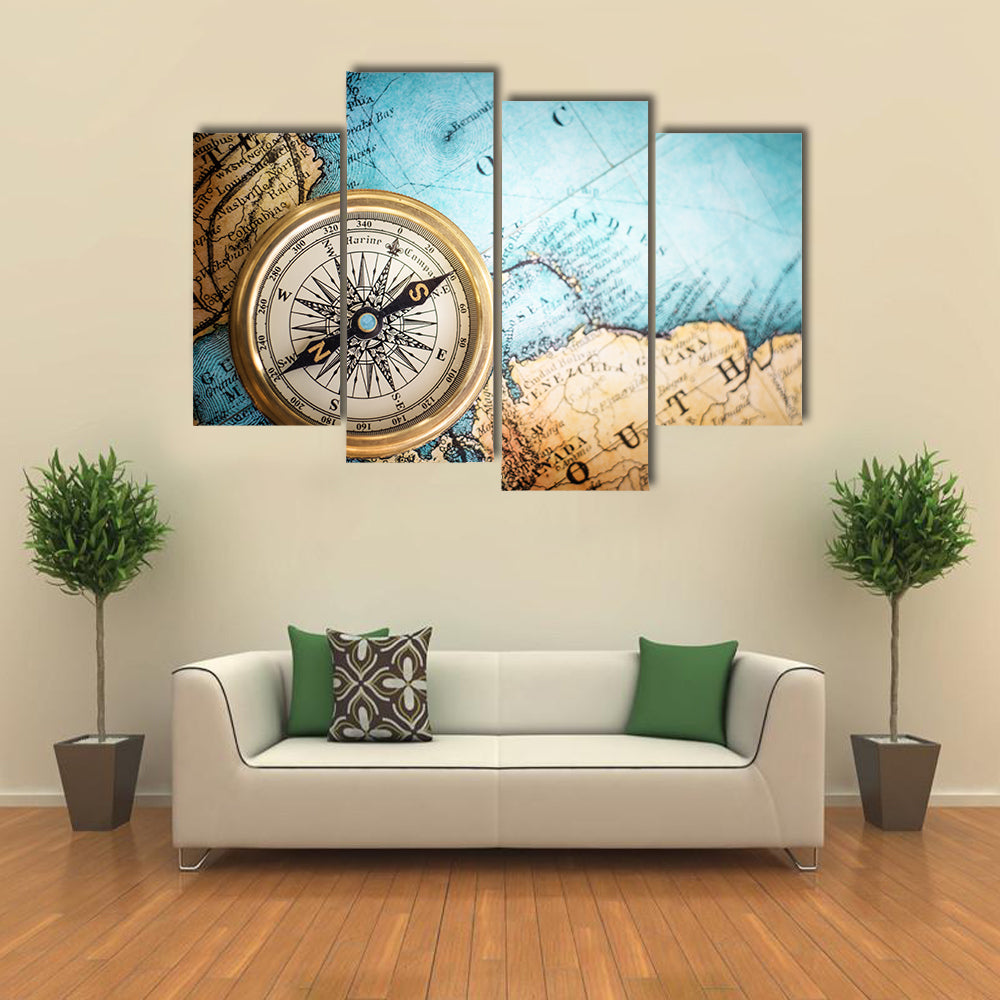 Brass Compass on Antique World Map Canvas Wall Art