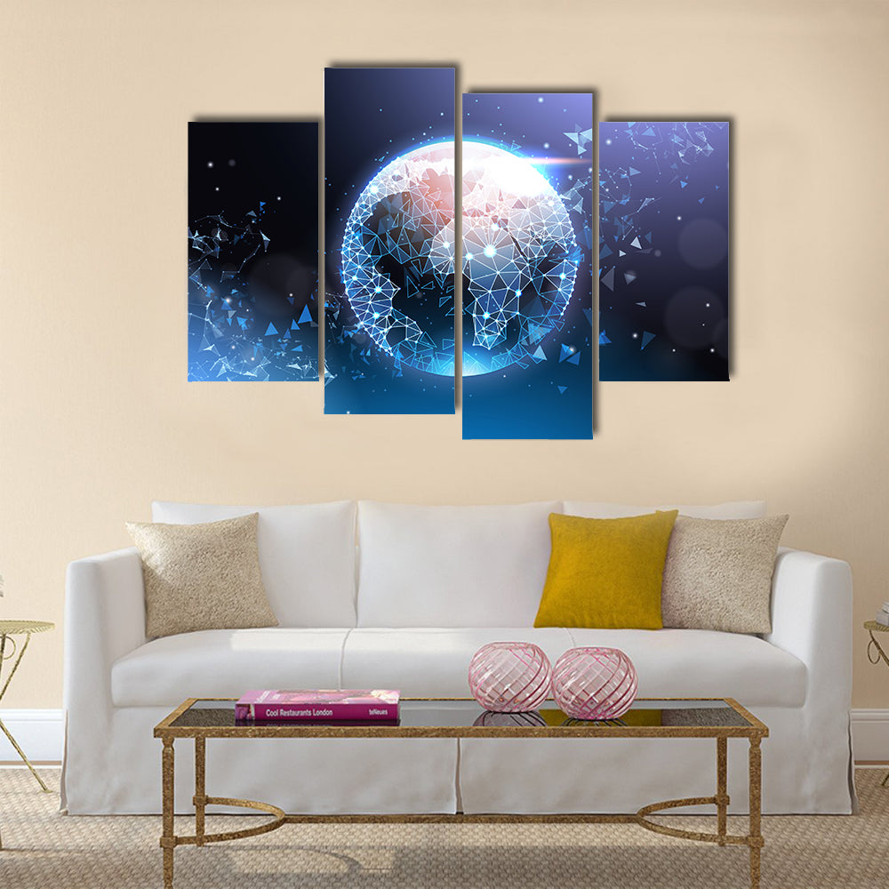 Digital Wireframe Globe Network Canvas Wall Art in black, blue and purple, framed print, product view on a white background