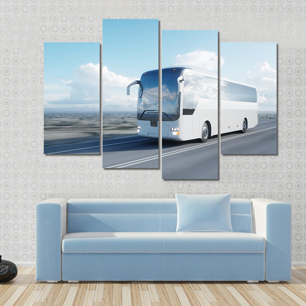 White Coach Bus on Highway Canvas Wall Art