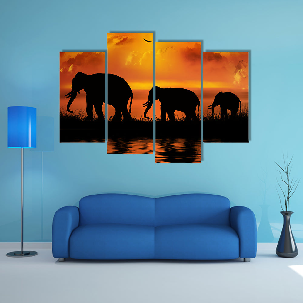 Elephants On Beautiful Sunset Canvas Wall Art