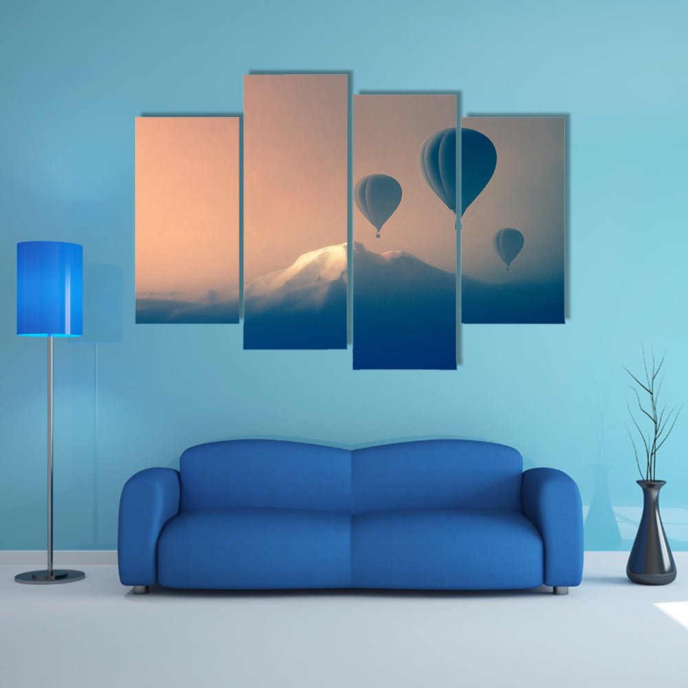 Silhouette Of Air balloon Flying In The Mountains Canvas Wall Art