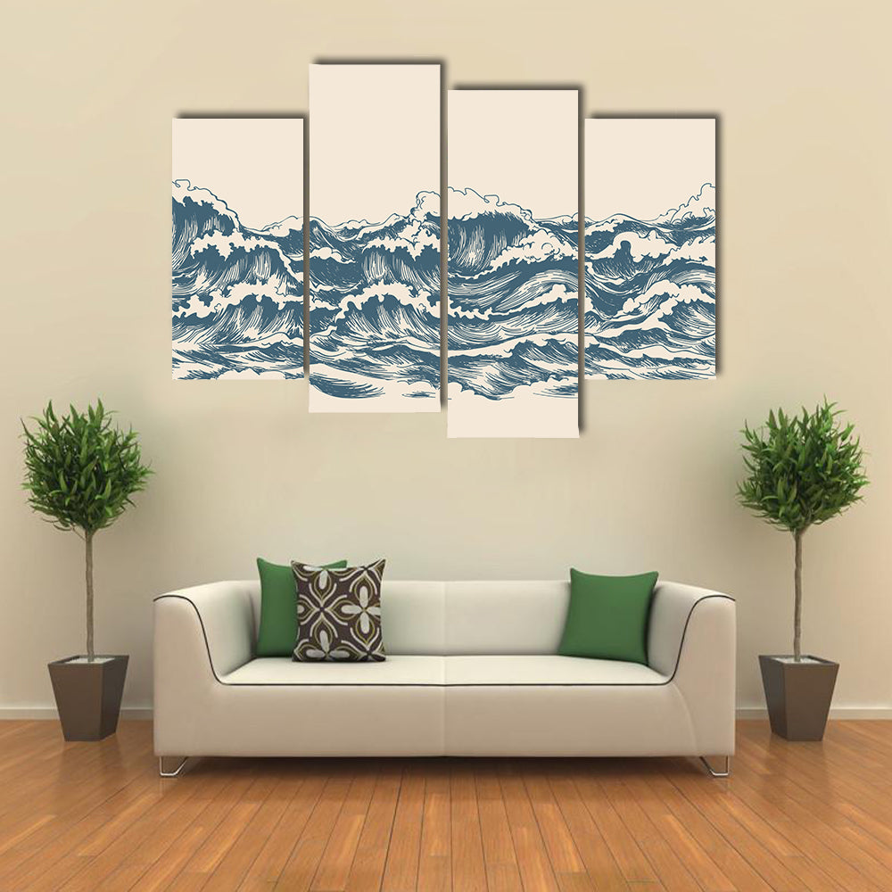 Ocean Waves Woodblock Sketch Canvas Wall Art
