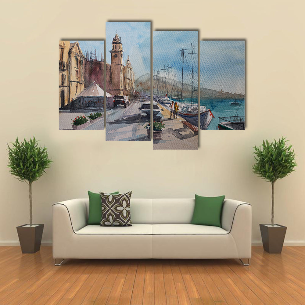 Harbor Town Sketch with Clock Tower Canvas Wall Art