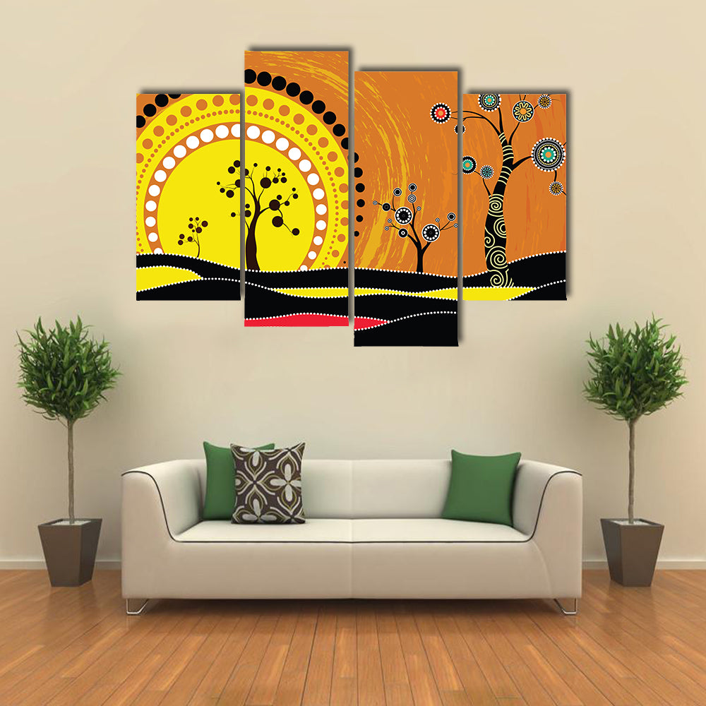 Aboriginal-style Sunset on Rolling Hills Canvas Wall Art