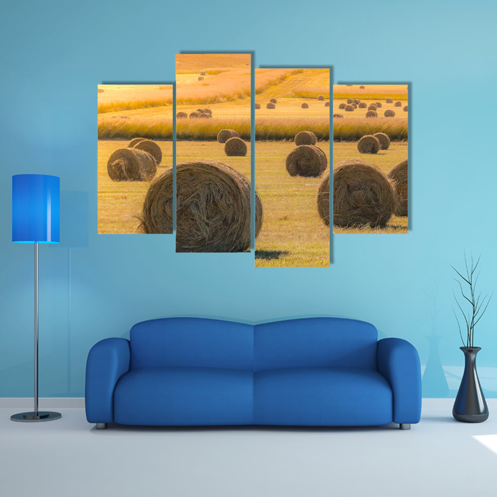 Hay Bales On Golden Field At Sunset Canvas Wall Art