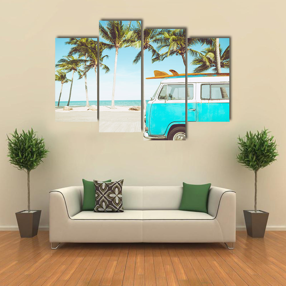 Teal and White Kombi on Tropical Beach Canvas Wall Art