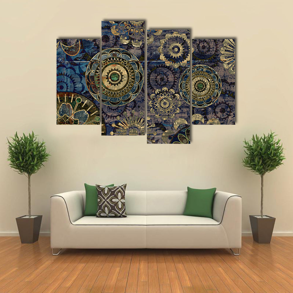 Vintage Floral Mandala Abstract in Navy and Gold Canvas Wall Art