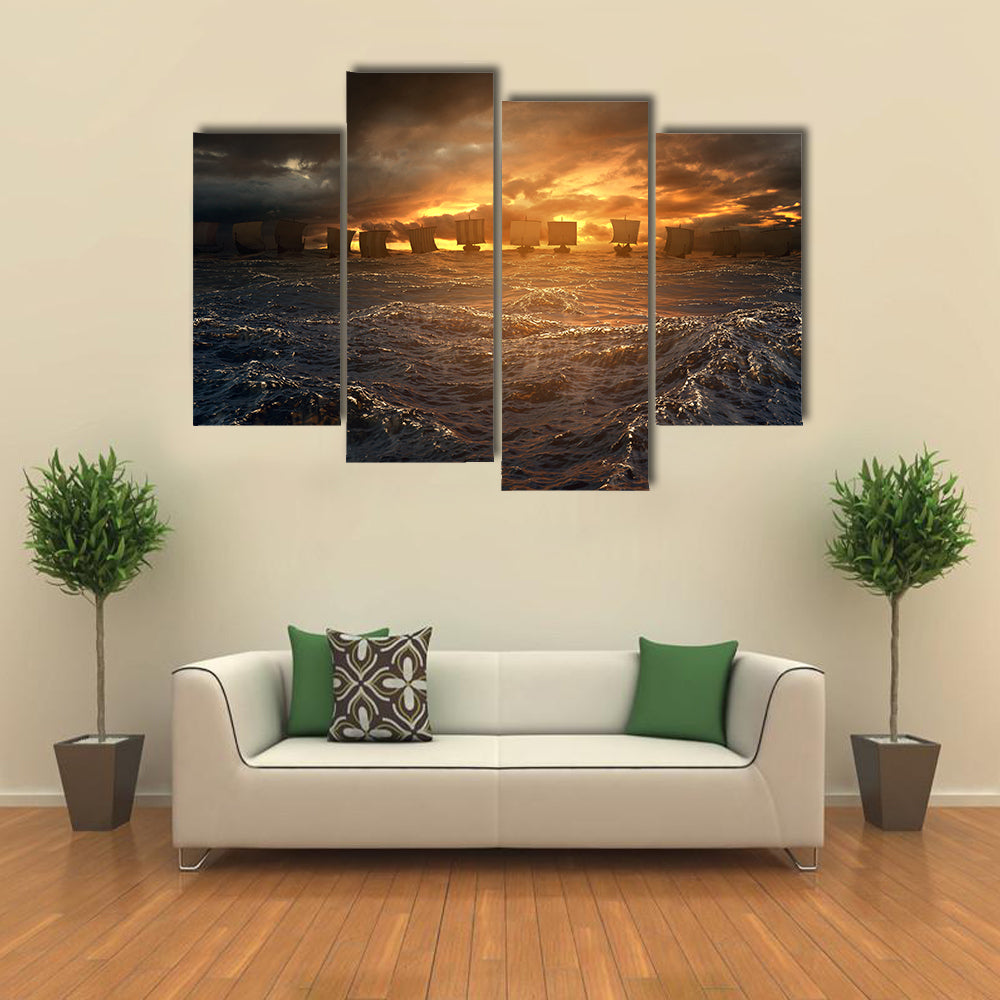 Viking Longships at Stormy Sunset Canvas Wall Art