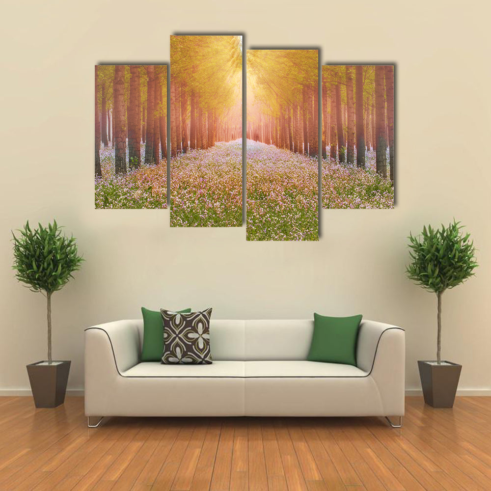 Sunlit Forest Path with Wildflowers Canvas Wall Art