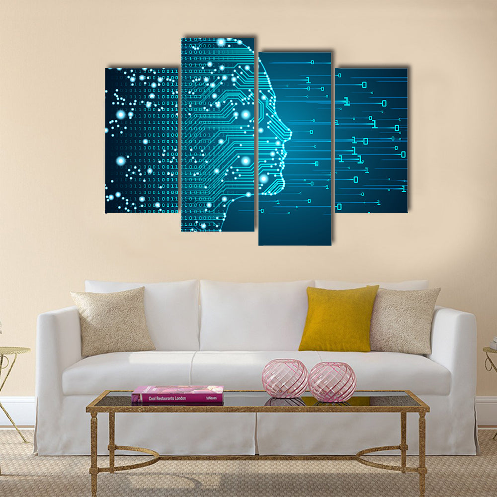 Ai Circuitry Silhouette Canvas Wall Art in black and blue, framed print, product view on a white background