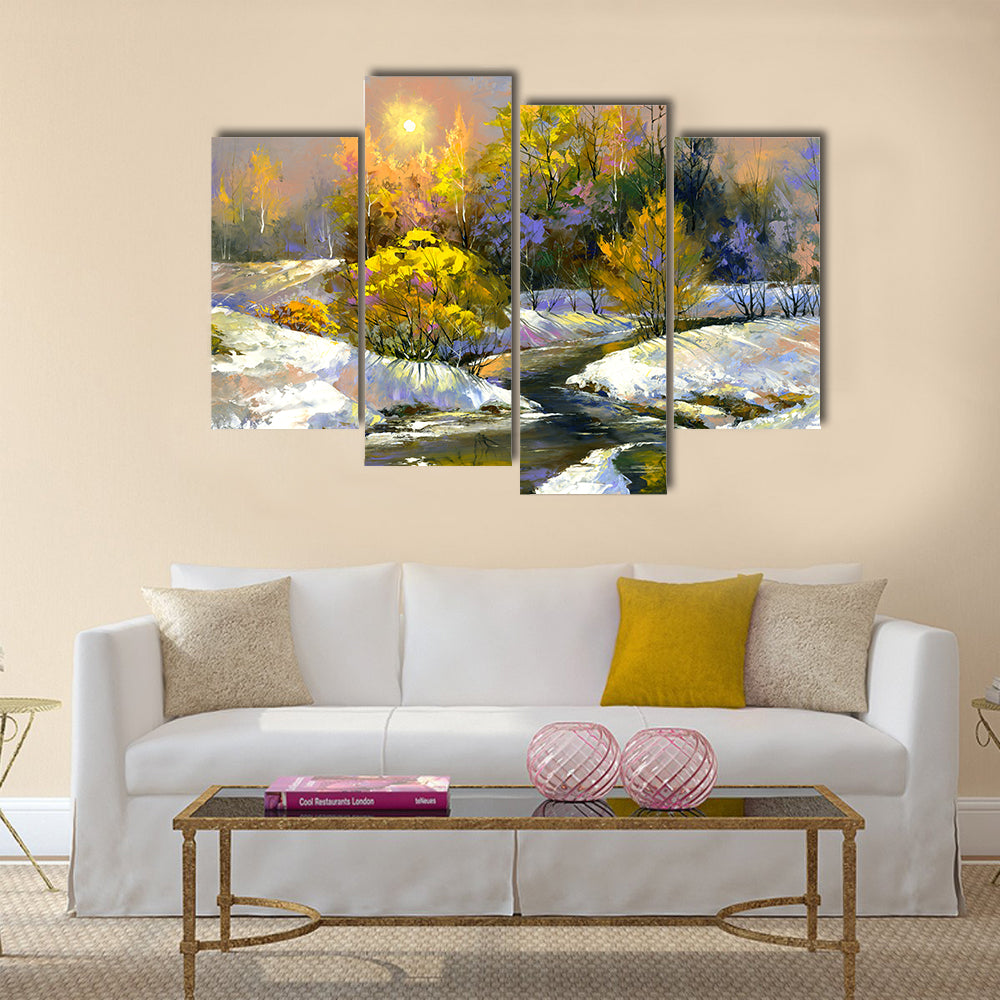 Winter River Through Snowy Forest Canvas Wall Art