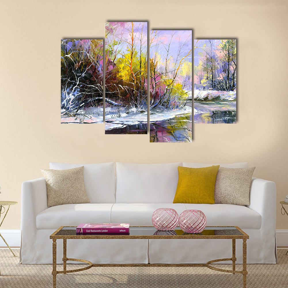 Winter River at Sunset Canvas Wall Art