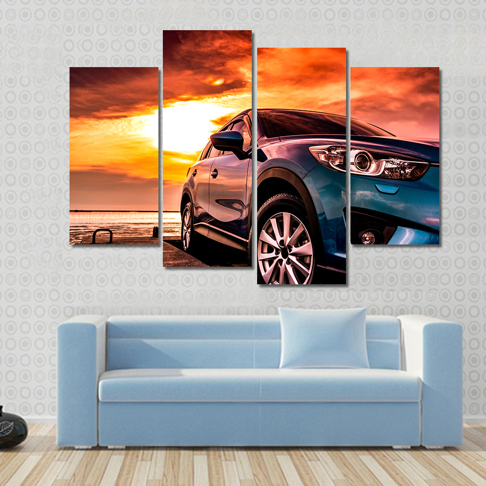 Blue Suv at Coastal Sunset Canvas Wall Art